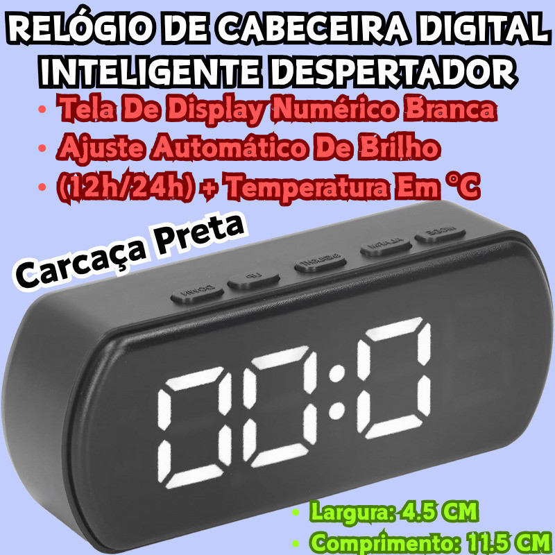 Relógio De Cabeceira Digital Tela LED​ ​11.5x4.5cm Inteligente Despertador Porta USB Número Branco