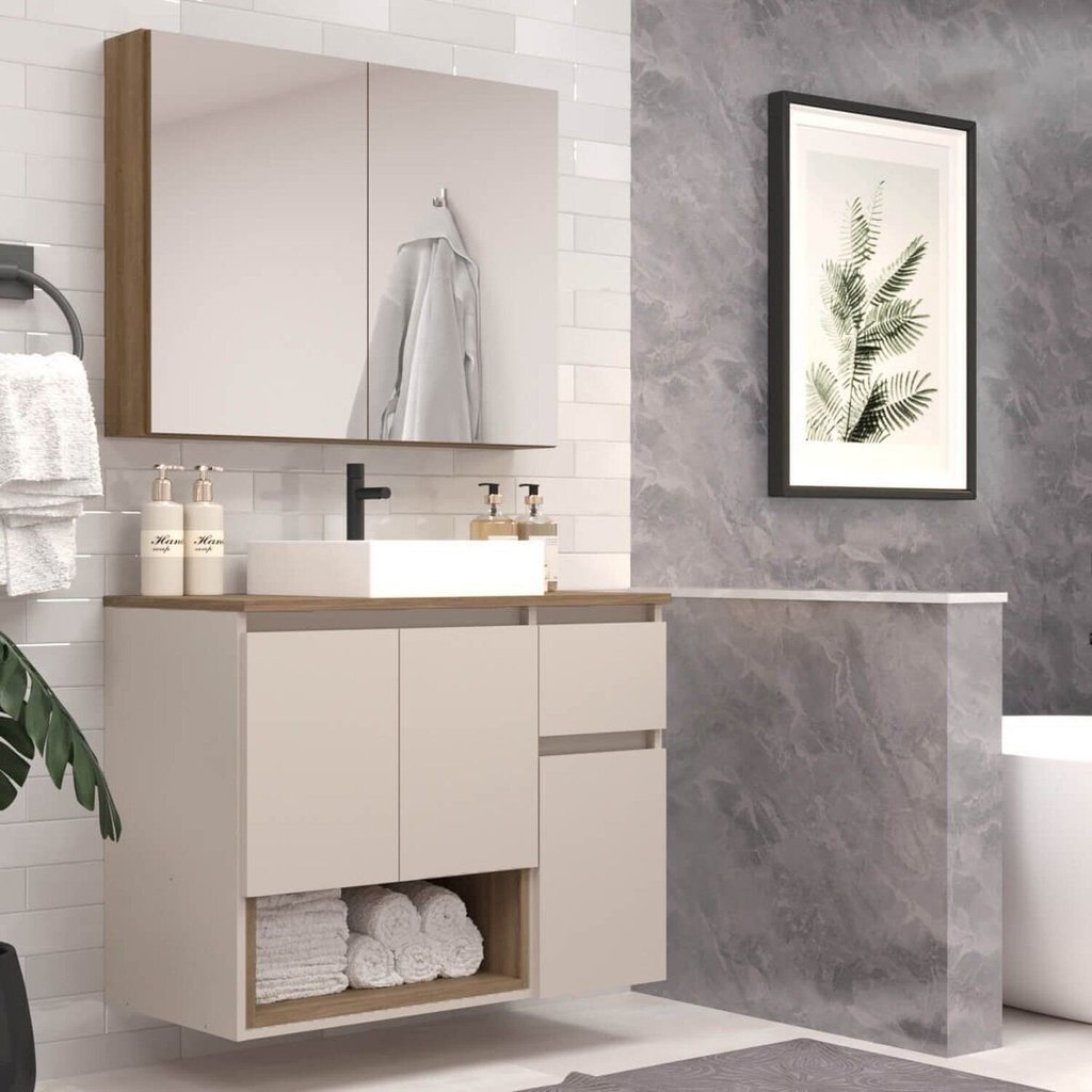 Gabinete de Banheiro 80cm Aurora com Espelheira e Cuba Mel/Arenas em Oferta na Shopee