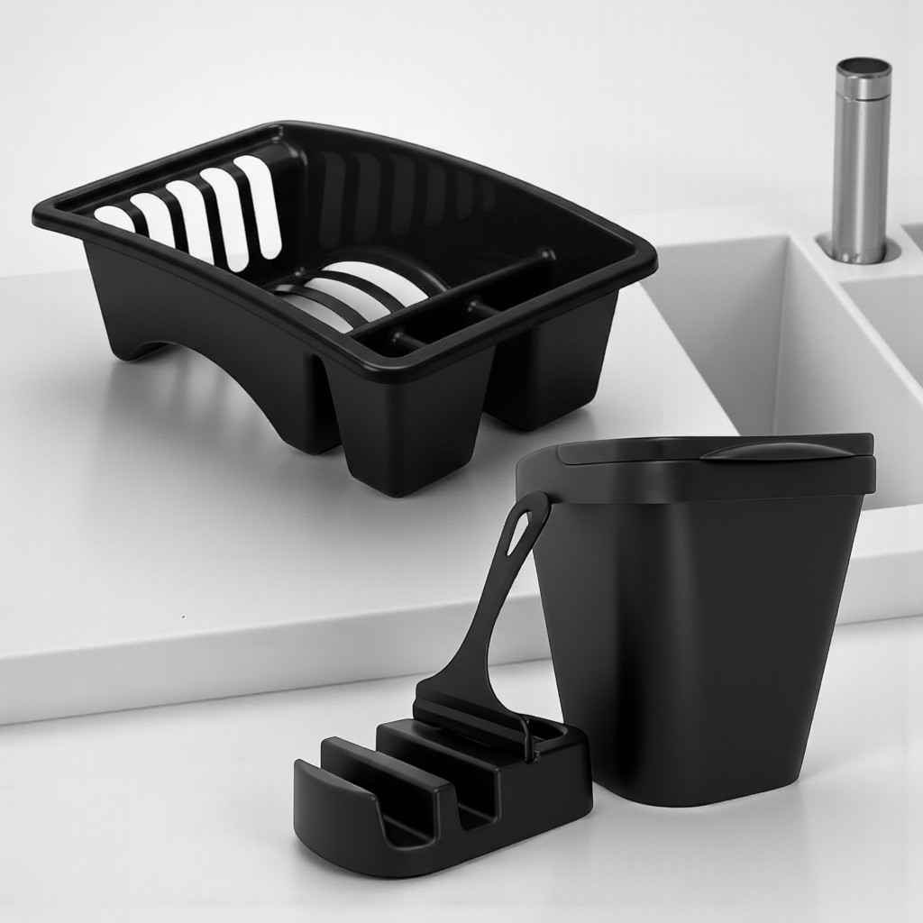 Kit Acessórios Pia 4 Peças Lixeira 4,5L + Escorredor + Porta Detergente + Rodo – Organização Cozinha em Oferta na Shopee