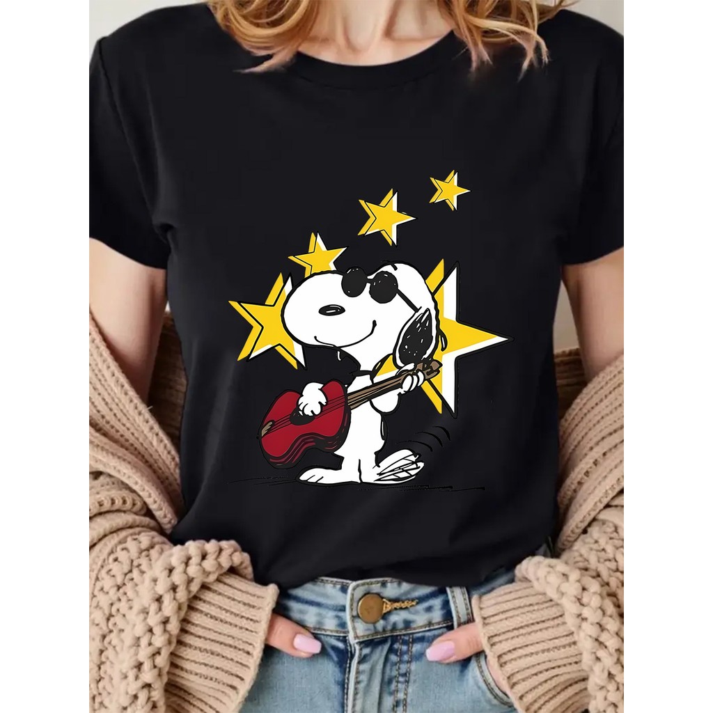Camiseta Feminina De Algodão, Estilosa E Confortável, Com Estampa De Snoopy, Estrela Do Rock, Guitarra E Estrelas