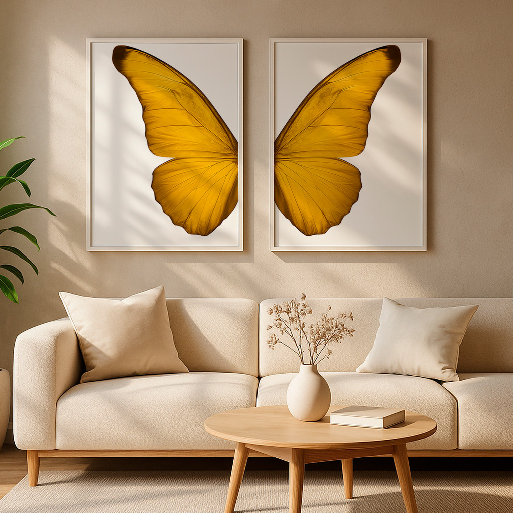 Kit 2 Quadros Com Moldura Asas De Borboleta Amarela Elegante Minimalista Moderno Parede Sala Quarto em Oferta na Shopee