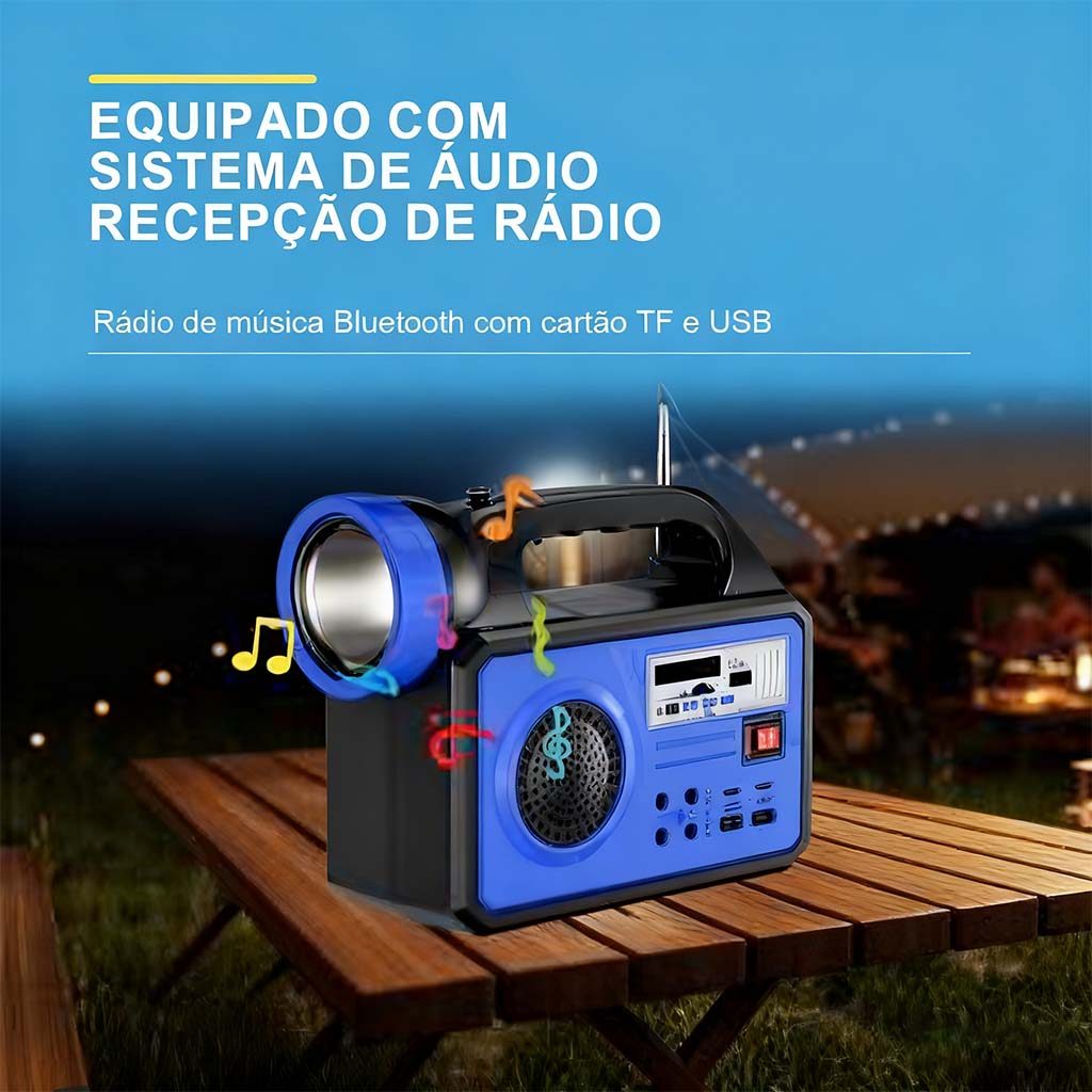 Rádio Solar Multifuncional com LED, Bluetooth e Power Bank – Energia Limpa e Música em Qualquer Lugar!