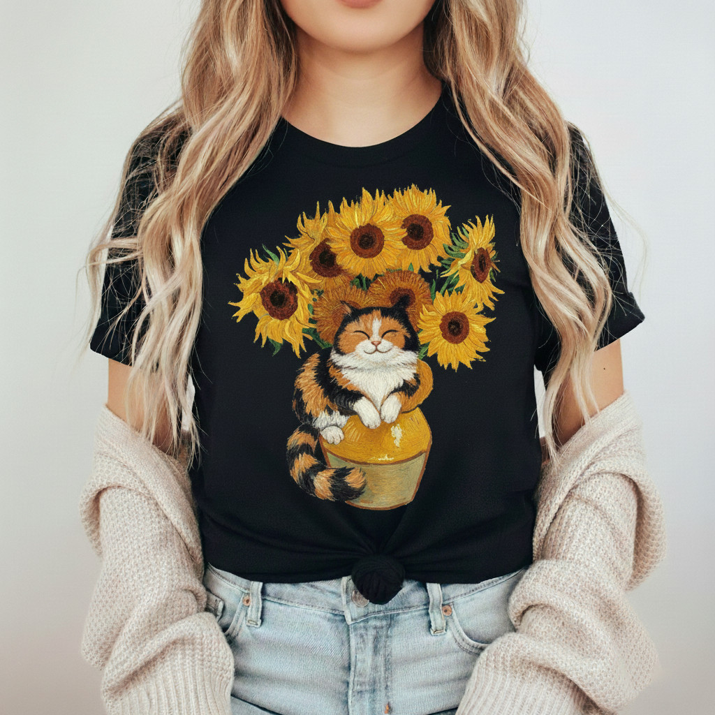 Camiseta Gato Girassol Felino Flores Amarelo Estampada Confortável Fofa Encantadora Moda Primavera