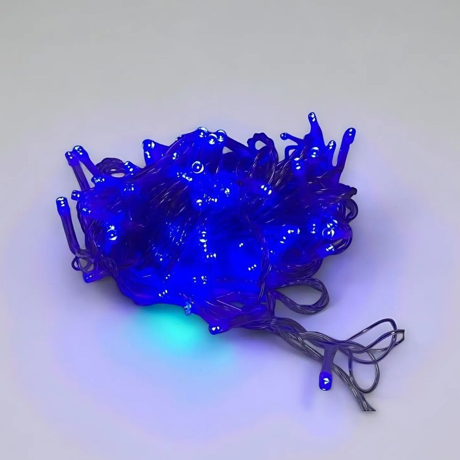 Cordão de LED Pisca Pisca Luz Azul com Fio Transparente 100 Leds de 8 Funções - 10m - 1 unidade - Rizzo