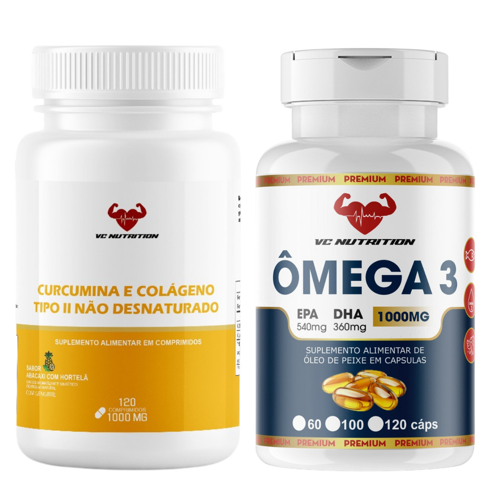 Ômega 3 EPA 540  DHA 360 120 cps 1000mg + Curcumina Colágeno Tipo 2 com Gengibre 120 comprimidos mastigáveis