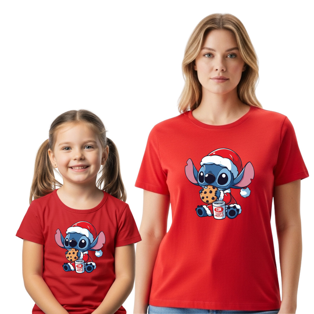 Camiseta Natal Stitch Unissex 100% Poliéster Adulto e Infantil Fim De Ano Presente