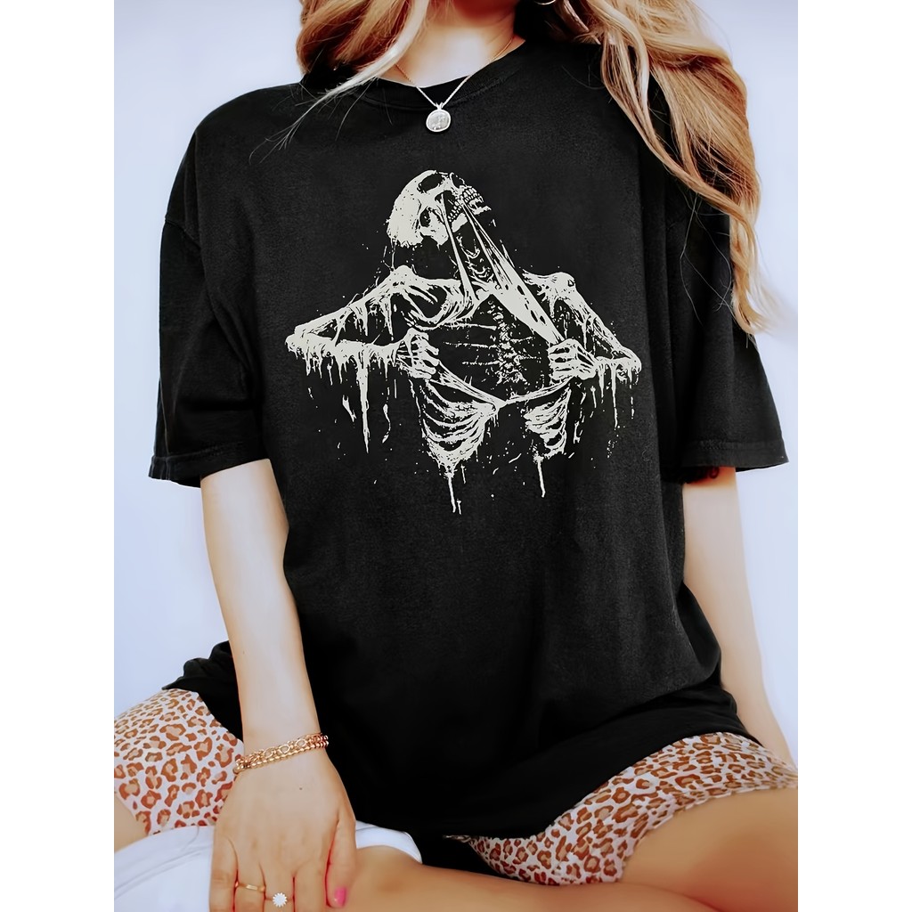 Camiseta Feminina Gótico Esqueleto Caixa Torácica Dourado Estampa Ossos Lettering Confortável Estilosa Retrô Moda