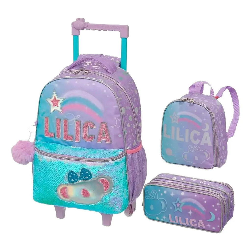 Kit Mochila Escolar Rodinhas Lancheira Estojo Lilica  Make