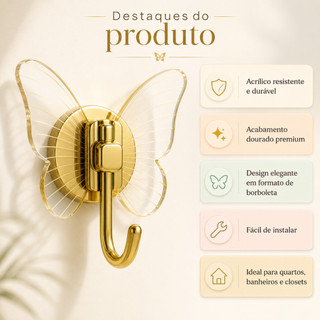 Kit Gancho Decorativo Borboleta Acrílico 2/4 Peças Autocolante Dourado Rose gold Prata