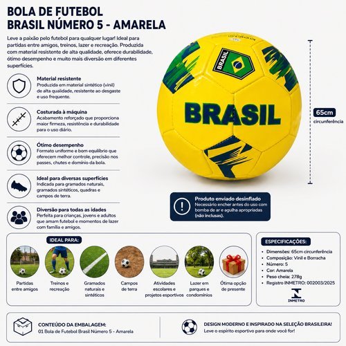 Bola Oficial de Futebol Campo Número 5 Amarela Profissional Alta Durabilidade para Treino e Jogo