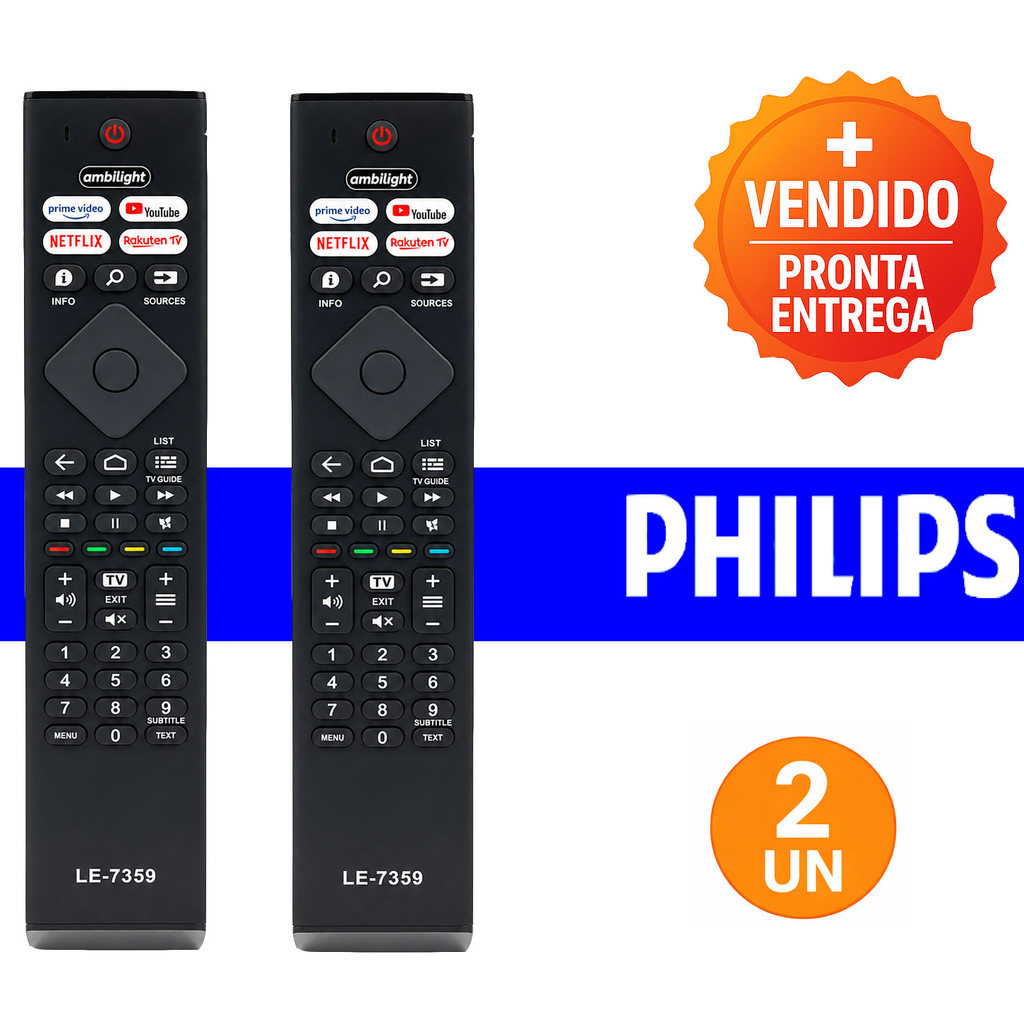 Kit 2 Controle Remoto Compatível Smart TV Philips Ambilight Com Atalhos Netflix Prime Video YouTube