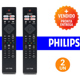 Kit 2 Controle Remoto Compatível Smart TV Philips Ambilight Com Atalhos Netflix Prime Video YouTube
