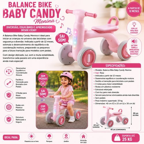 Bike Infantil 4 Rodas Rosa com Luz LED e Música | Bicicleta de Equilíbrio Infantil Resistente para Crianças 1 a 3 Anos
