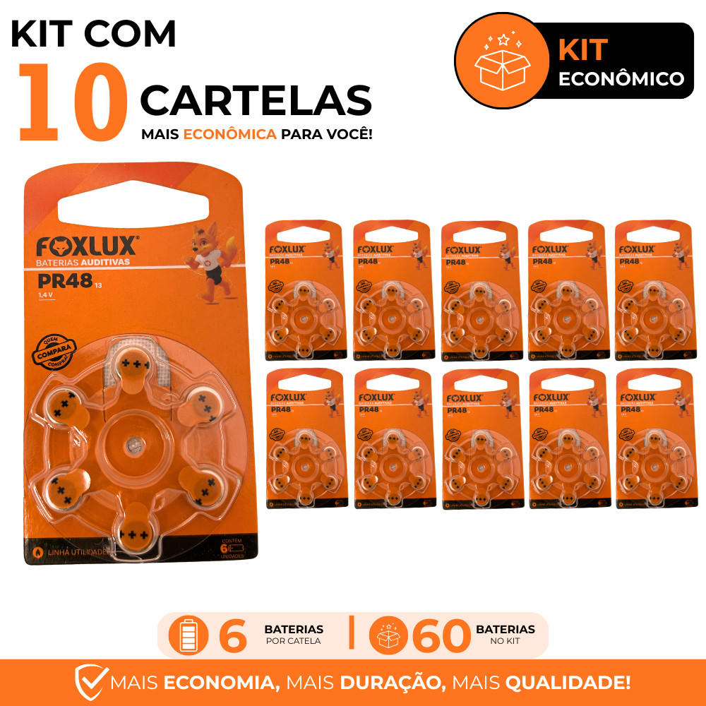 Pilhas Baterias Auditivas Foxlux 13 PR48 Kit com 60