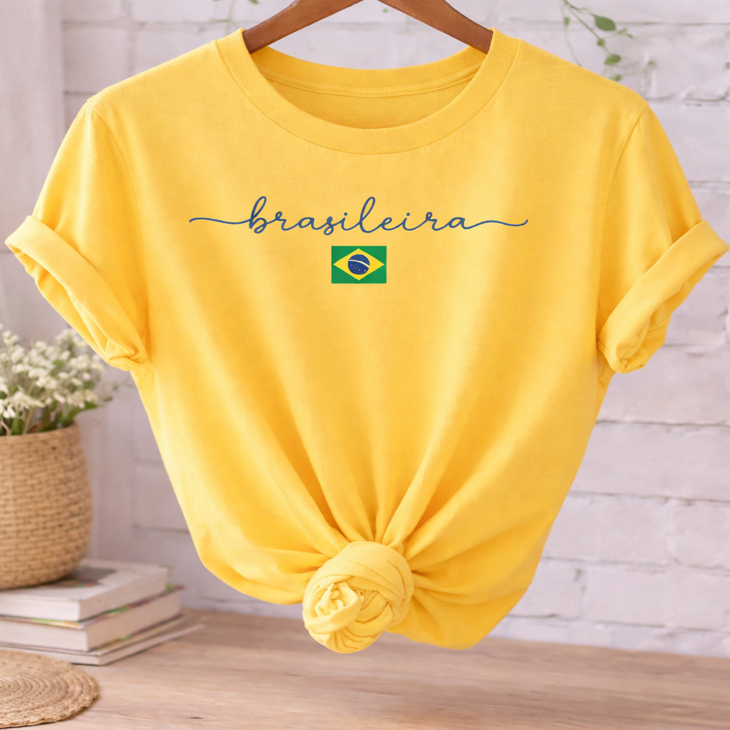 Camiseta Feminina Brasileira Amarela Estampa Brasil T-Shirt 100% Algodão Premium Casual Copa Seleção