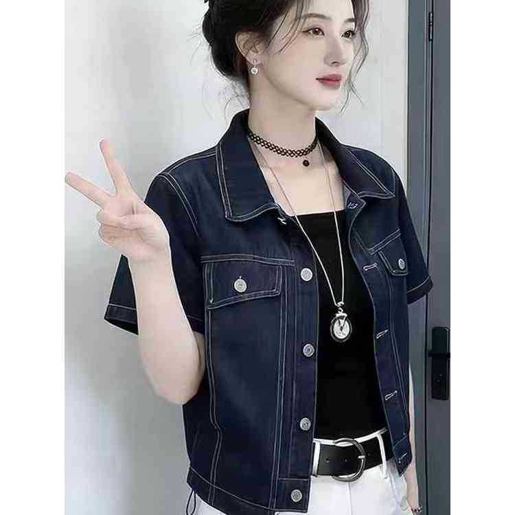 POLO colarinho manga curta jaqueta jeans feminina pequeno verão único Breasted lapela curto estilo ocidental jaqueta top