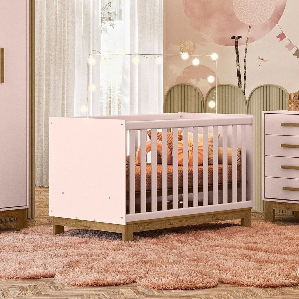 Berço Mini Cama Q Encanto Slim 83x74x133 cm Rosa/Acetinado Rosa Acetinado