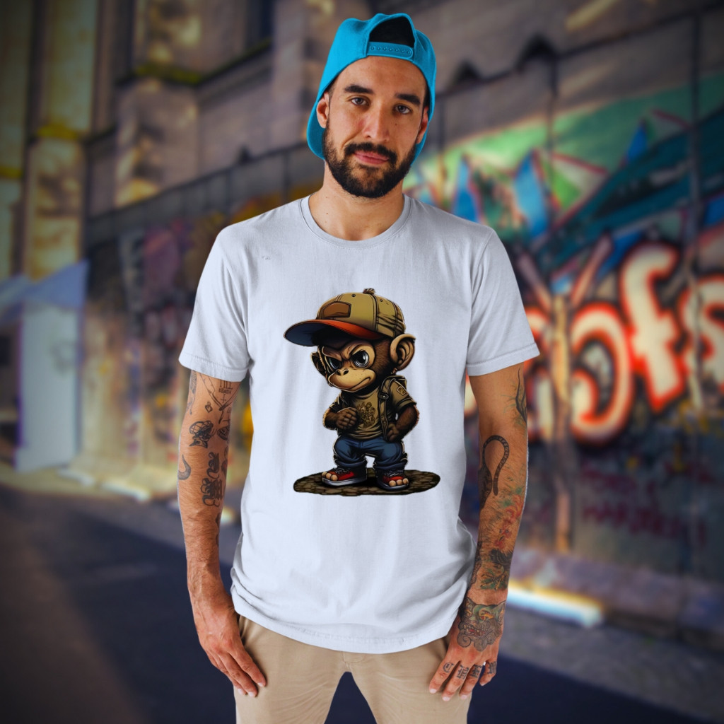 Camiseta Premium Blusa Confort Estampa Macaco Boné,manga curta, confeccionada em algodão premium e com estampa frontal