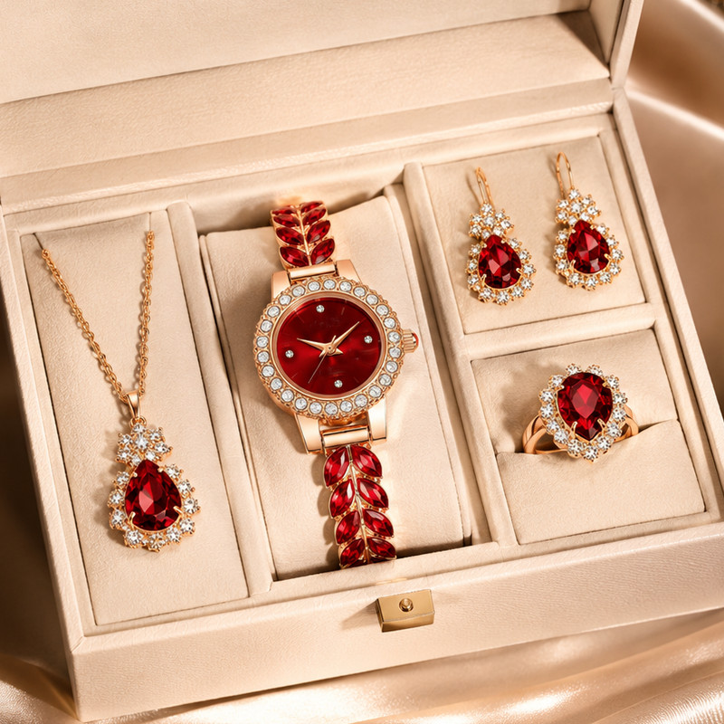 Kit Relógio Feminino Rose Gold Vermelho com Colar Brinco e Anel Conjunto Luxo Presente para Mulher