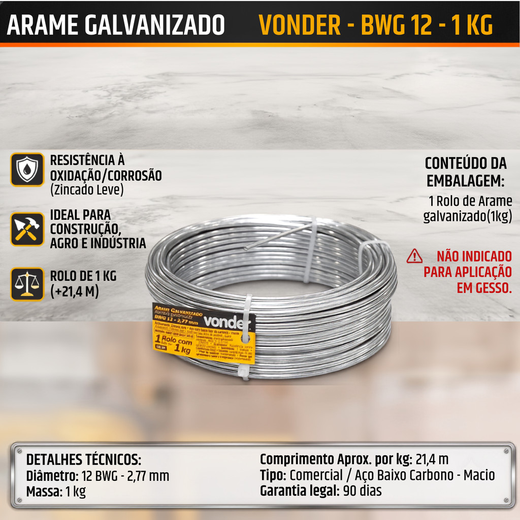 Arame Comercial Vonder Grosso Galvanizado BWG 12 2,77MM VD Construção Civil Macio
