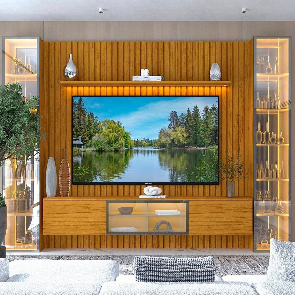 Estante e Home Theater Ripado para TV até 84 Polegadas com 100% MDF 304,8cmx217cm Led Ripada 5 Portas Nobre Clean