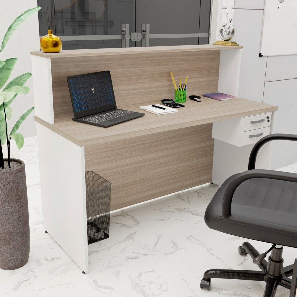 Balcão Atendimento Recepção Consultório 140x60cm 2 Gavetas Bege/Carvalho/Branco Carvalho/Branco