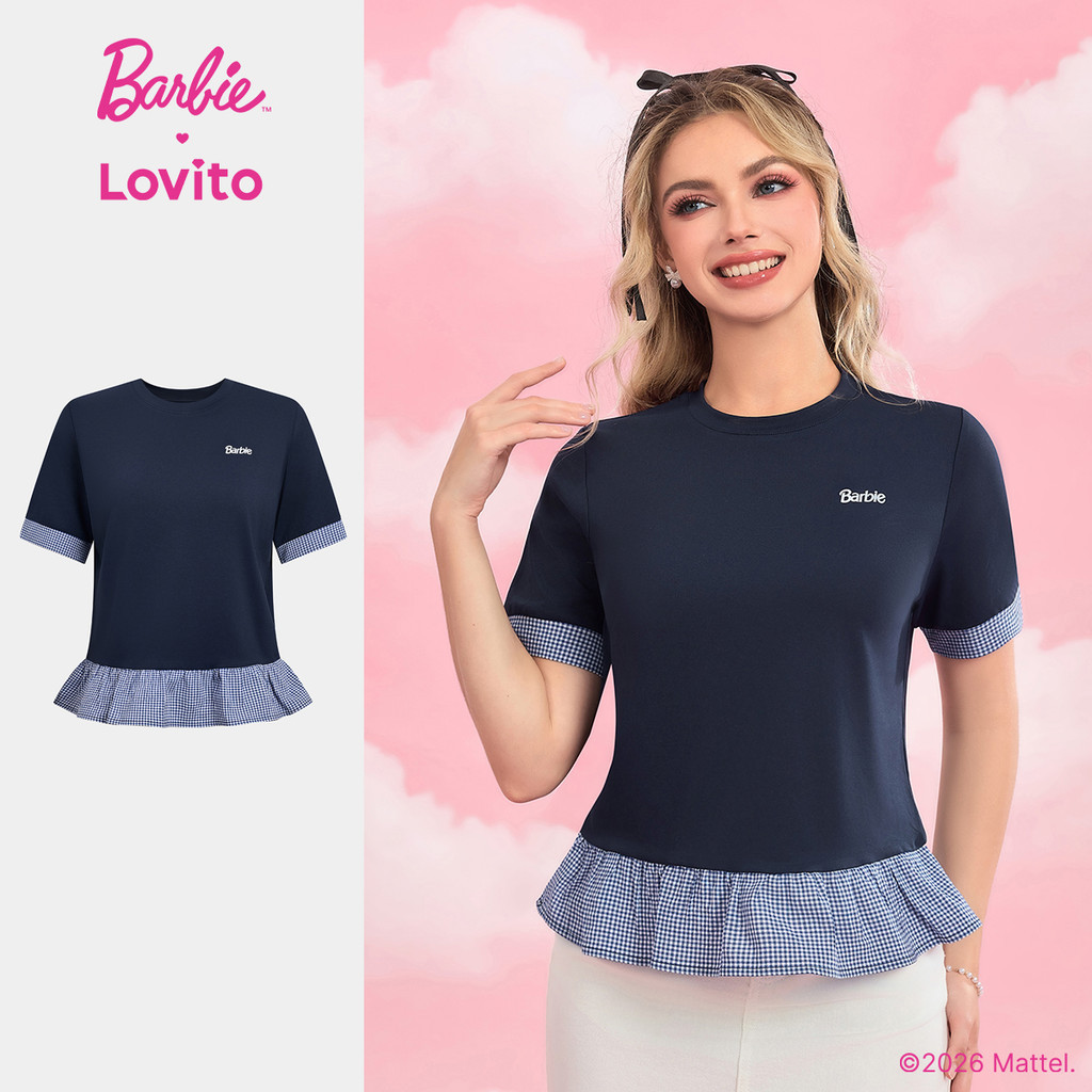 Barbie™ X Lovito Tecido Padrão Babado Redonda Primavera/verão T-shirt Mulheres TSBL4PAD007