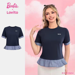 Barbie™ X Lovito Tecido Padrão Babado Redonda Primavera/verão T-shirt Mulheres TSBL4PAD007