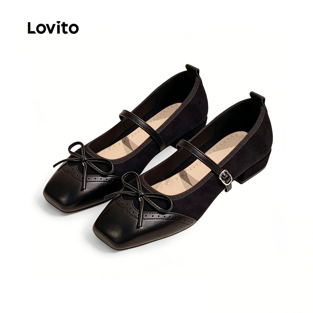 Lovito Sapatos Mary Jane Elegantes em Bloco de Cores com Laço Design Preto para