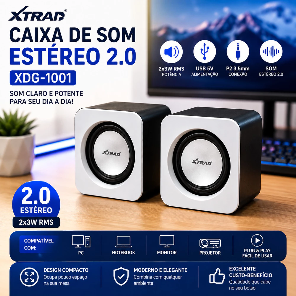 XTRAD Caixa de Som Estéreo 2.0 USB para PC Notebook Computador 2x3W RMS P2 3,5mm XDG-1001 Original