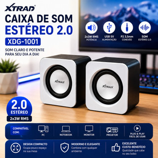 XTRAD Caixa de Som Estéreo 2.0 USB para PC Notebook Computador 2x3W RMS P2 3,5mm XDG-1001 Original