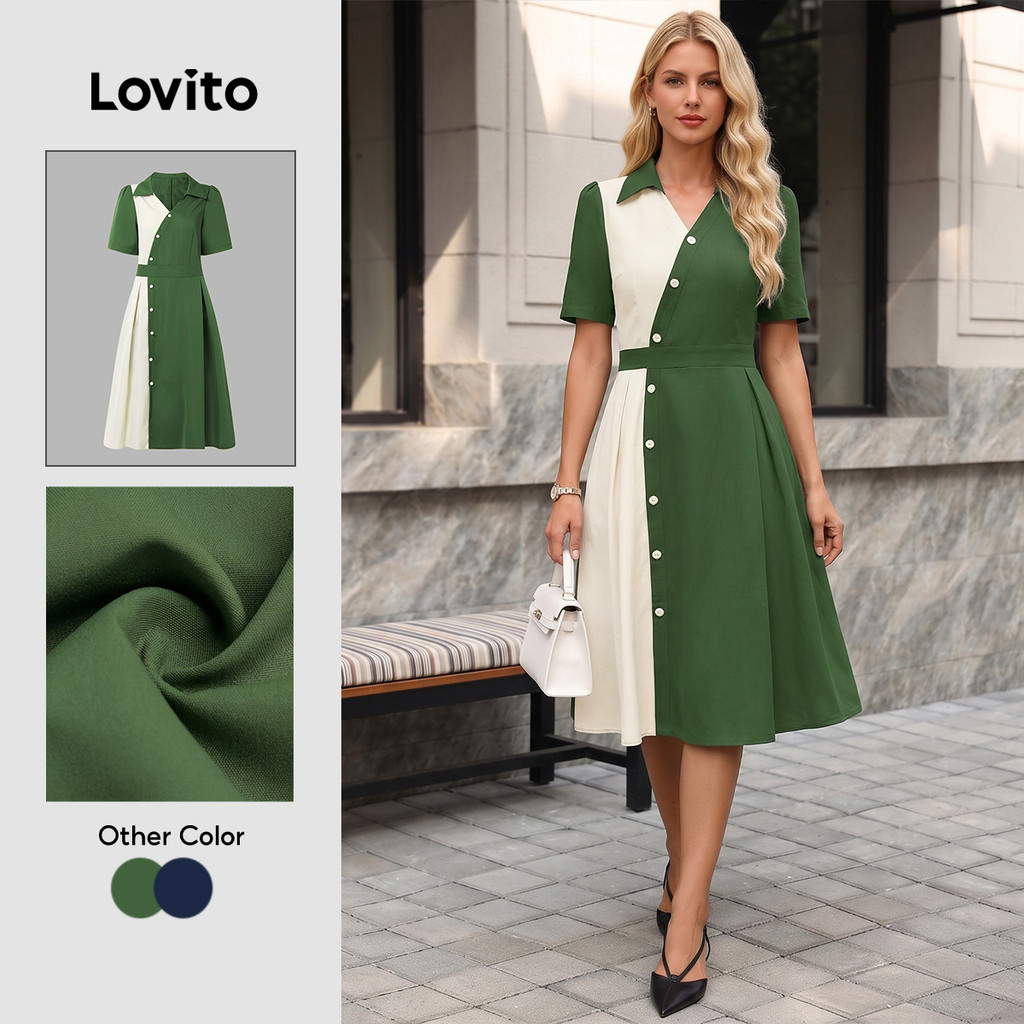 Lovito Elegante Vestido com Botão e Blocos de Cores para Primavera/verão feminino LK5LD225