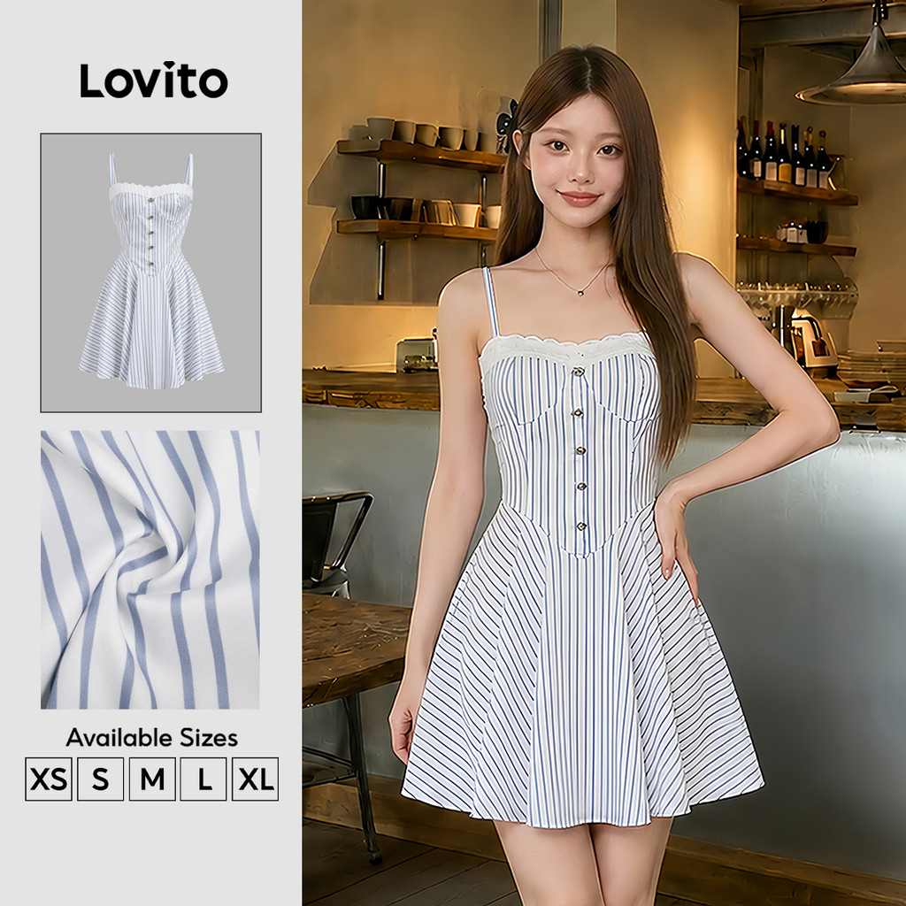 Lovito Casual Vestido Renda Colorblock Drapeado Diário Férias E Viagens Primavera/verão Azul Mulheres Bordado LK3AD147