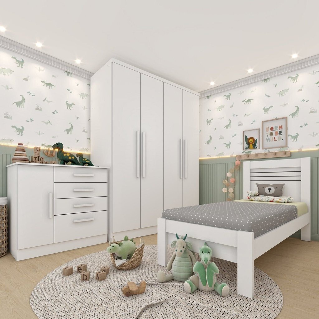 Quarto Infantil Completo com Guarda Roupa Cômoda e Cama 100% MDF Harmonia Yescasa Branco/Neve Neve
