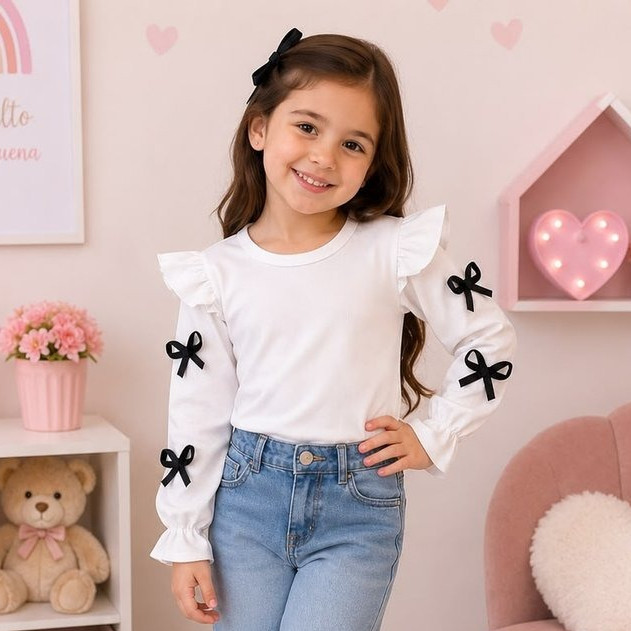 Blusa Infantil Manga Longa Ribana com Laços Menina Babado Ombro Canelada 4 ao 12 Anos