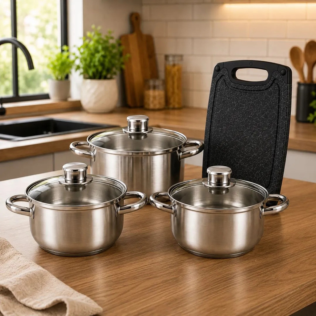 Jogo de Panelas Inox 3 Peças Tampa Vidro Temperado Tábua de Corte Indução Cozinh