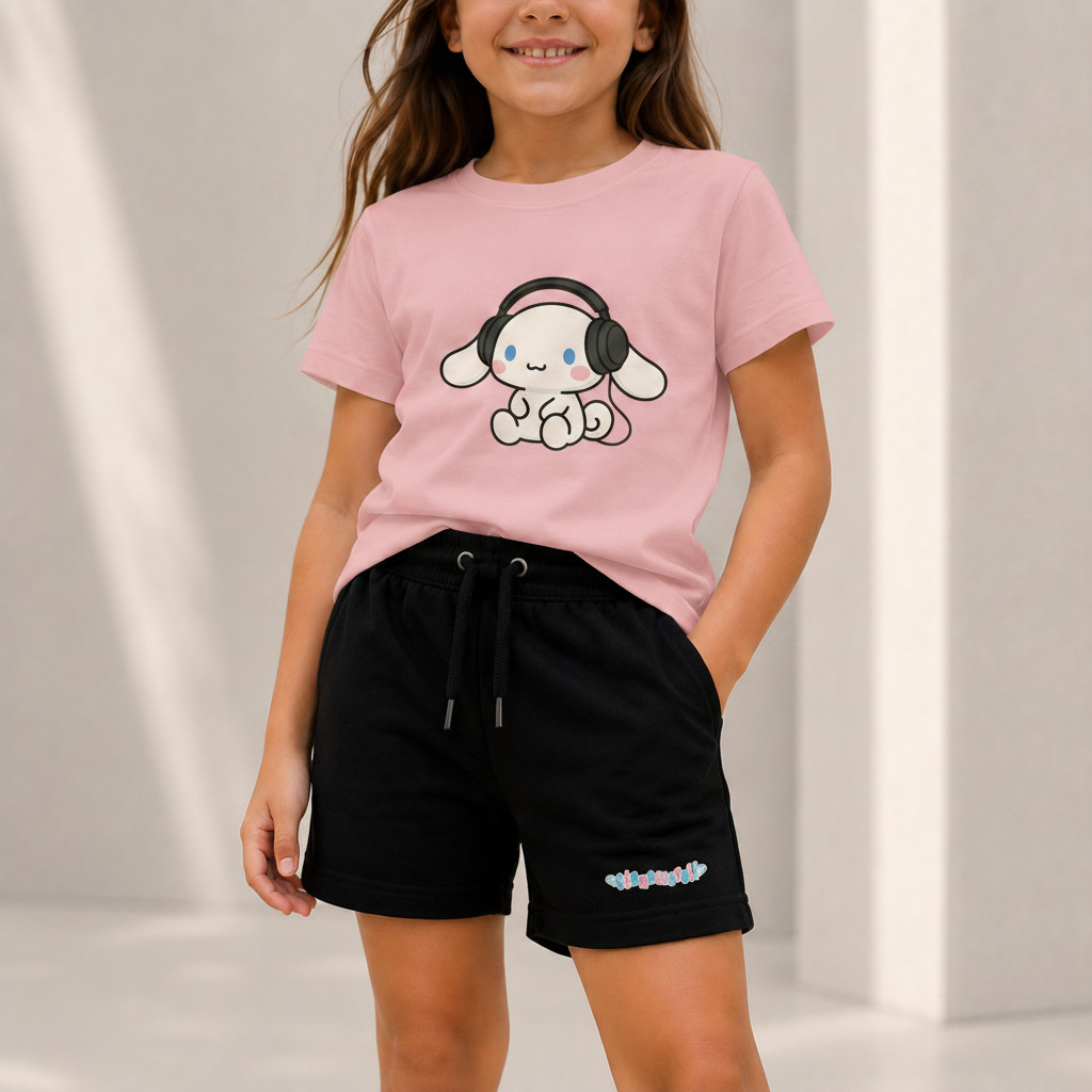 Kit Camiseta Infantil Cinnamoroll Fone de Ouvido Sanrio Menina e Bermuda Moletinho