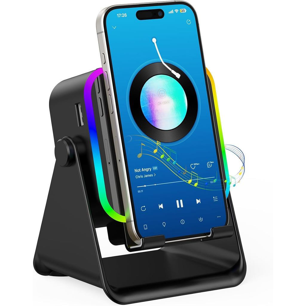 Alto-falante Indutivo TARKARI, Alto-falante Bluetooth 5 em 1, Carregamento de Emergência 360 ° Suporte de Telefone Rotat