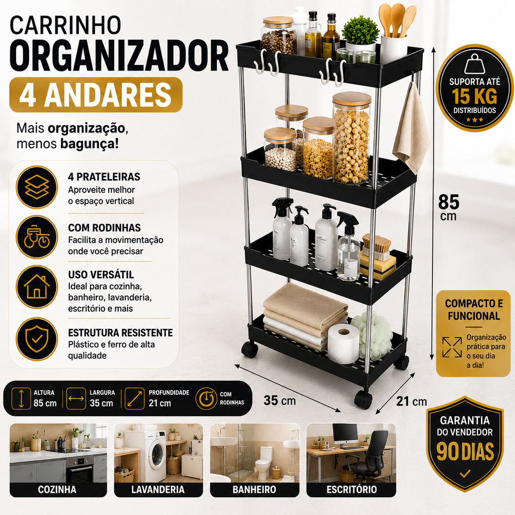 Estante Organizadora 4 Prateleiras Com Rodinhas Multiuso Cozinha Banheiro Lavanderia Escritório