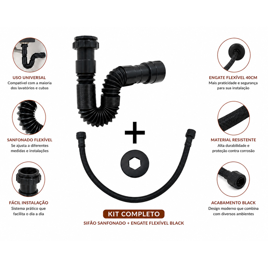 Kit Sifão Sanfonado Universal Preto E Engate Flexível Black 40cm Para Pia Cuba Lavatório Banheiro — imagem 2 de 2