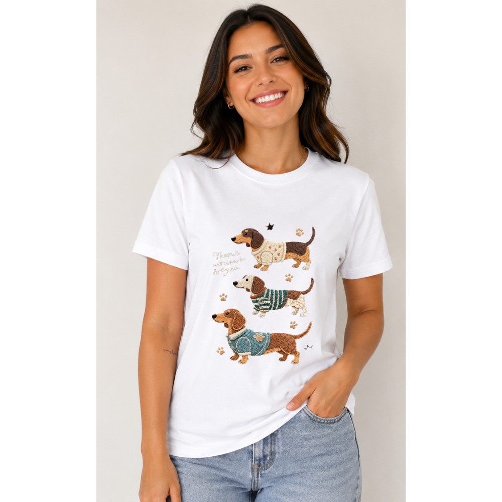 Camiseta Blusa Infantil Adulto Cachorro Salsicha Fofo Patinha Menina Unissex Otima Qualidade Algodão Confortável Criança