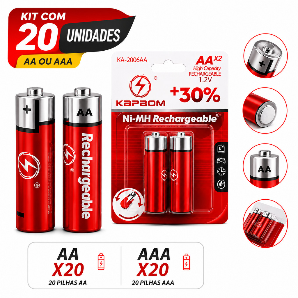 Kit 20 Pilhas Recarregáveis AAA ou AA 1800mAh 1.2V Ni-MH Kapbom