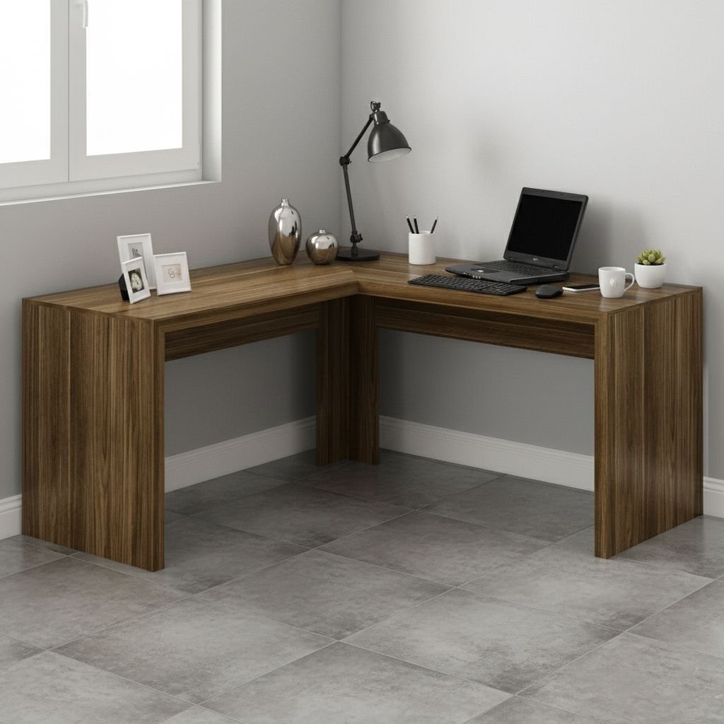 Escrivaninha Mesa Escritório Angular em L ME4116 157,3cm Nogal Marrom Nogal