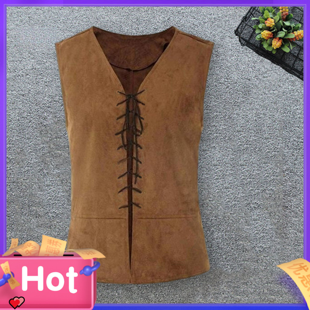 Camiseta Sem Mangas para Fantasia de Halloween, Colete Casual Masculino Pirata Vintage Medieval com Amarração para Cospl