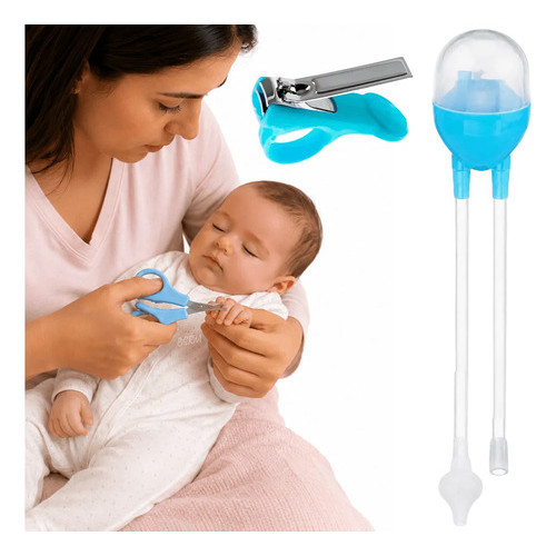 Kit Higiene Bebê Aspirador Nasal + Tesoura Ponta Arredondada Cortador de Unha Infantil Recém Nascido