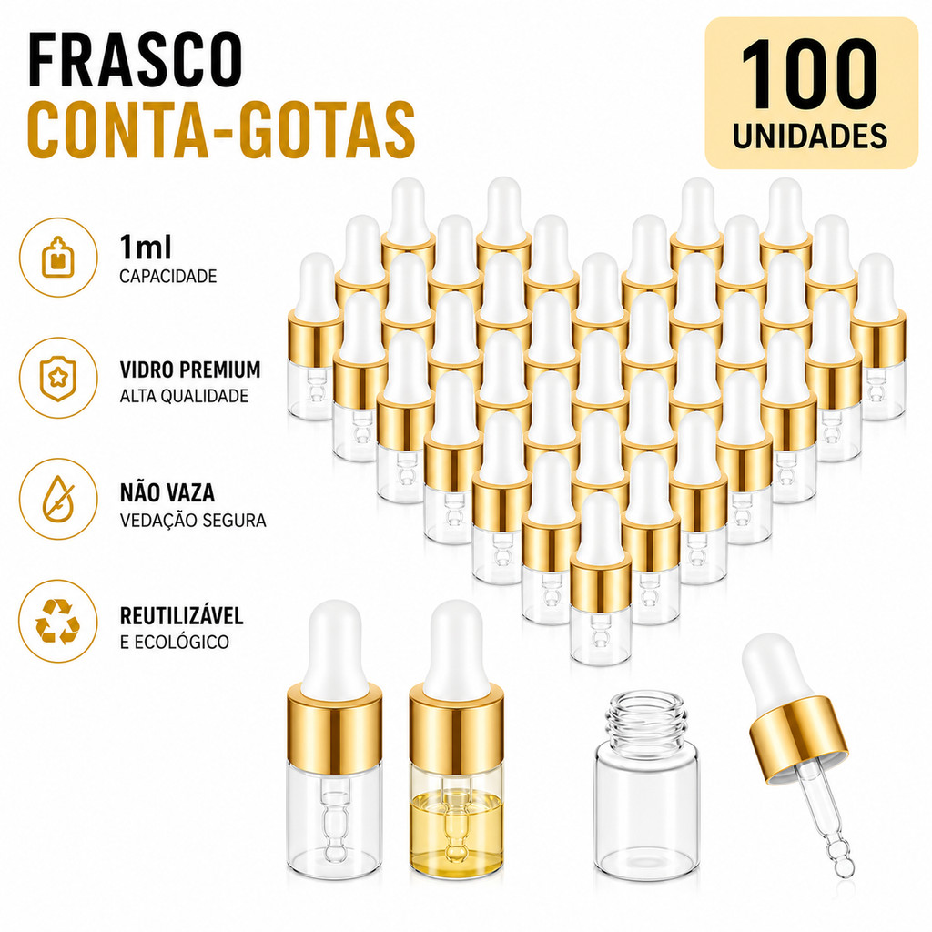 Kit 100 Frascos De Vidro Com Conta-Gotas Para Óleos Essenciais E Extratos