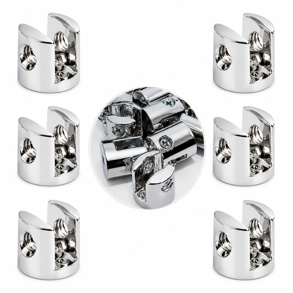 Kit 6 Suportes Cromados de Prateleira de Vidro ou Madeira 6mm em Zamac com Parafusos 2 Furos