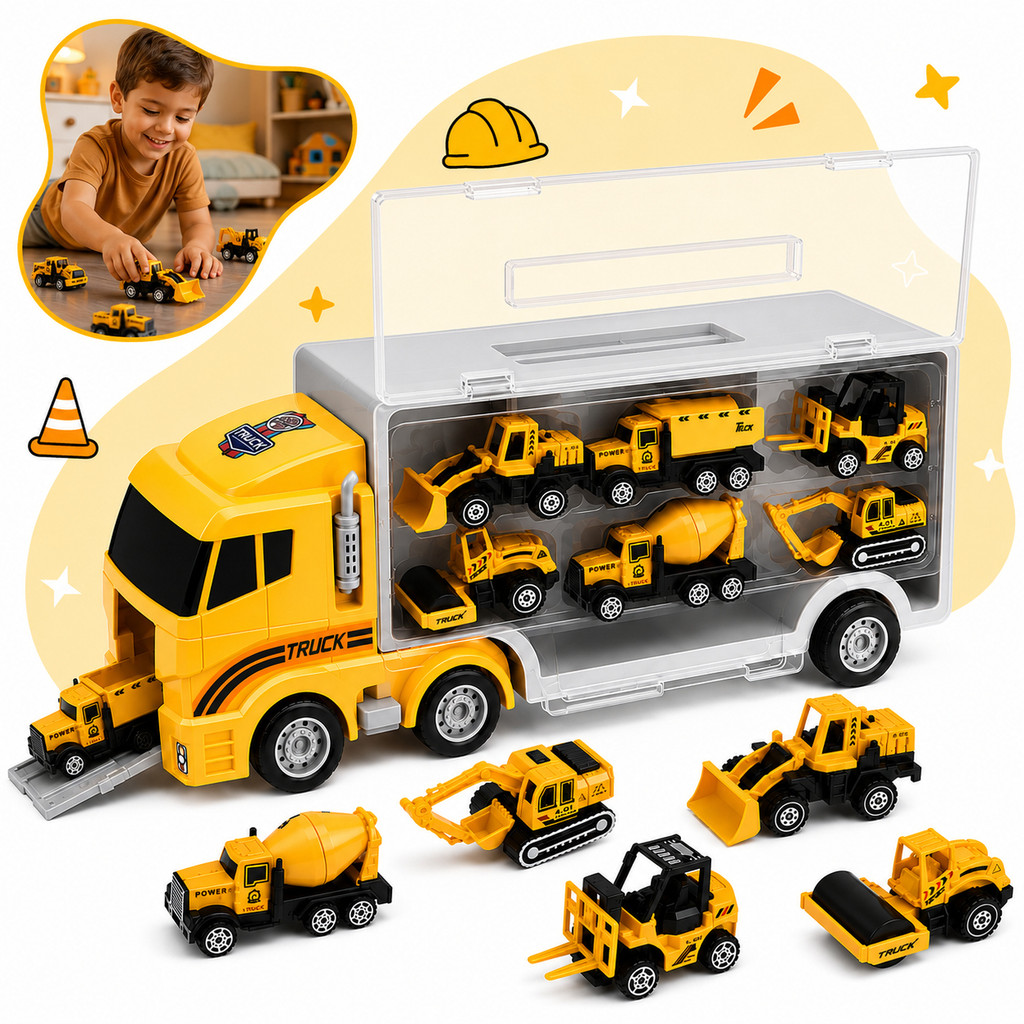 Caminhão Maleta Organizadora Infantil Com 6 Mini Carrinhos Temático Construtor K