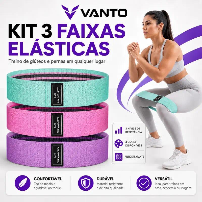 VANTO Kit 3 Faixas Elásticas de Resistência para Glúteos Pernas Agachamento Treino Casa Academia