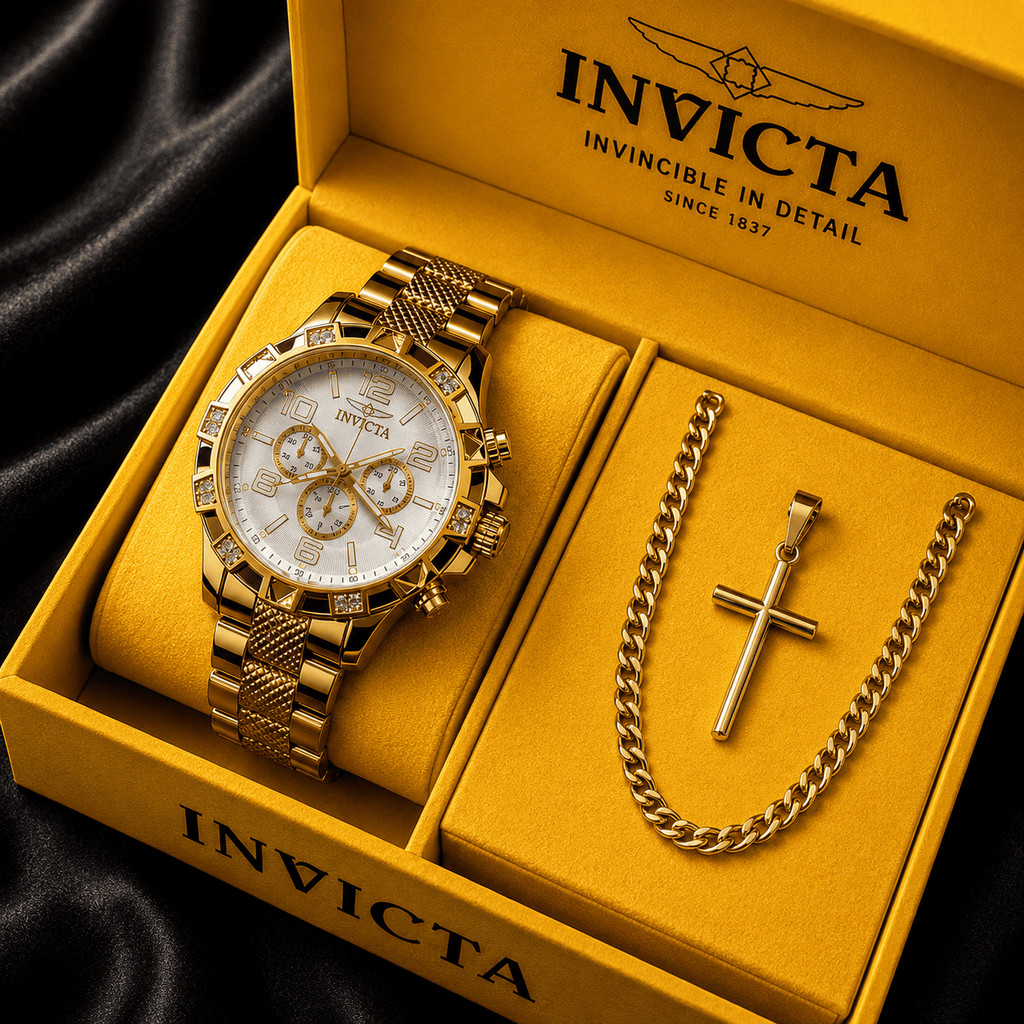 Kit Relógio Invicta Dourado + Corrente Cruz | CAIXA INCLUSA